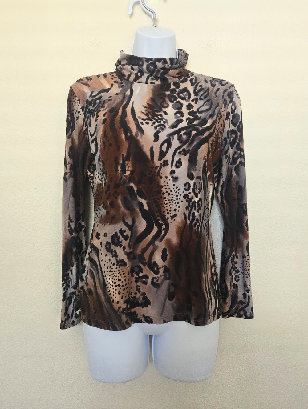 Papillon Blanc Leopard Print Turtleneck Long Sleeve Brown Blouse Size Small